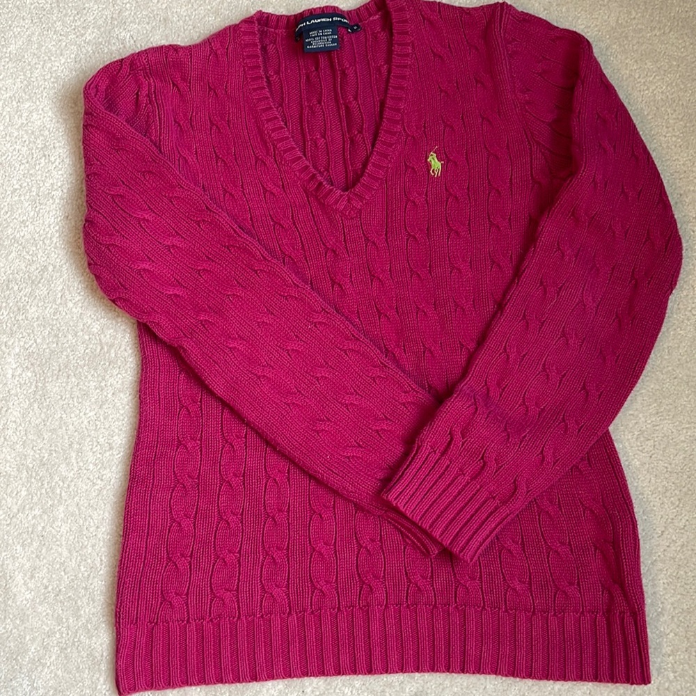 RALPH LAUREN SPORT V-Neck Cable Knit Sweater, size M